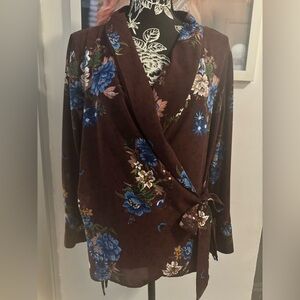 Zara Floral Wrap Blouse - Burgundy and Blue